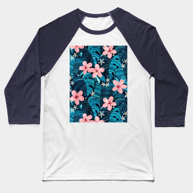 Moody Tropical Pattern in Cyan and Sapphire with Pink Baseball T-Shirt by micklyn